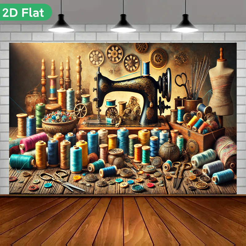 Is Sewing Textile Art - งานศิลปะตกแต่งผนังสไตล์วินเทจเรโทร ลายเครื่องจักรเย็บผ้าสตีมพังค์ ตกแต่งห้องด้วยผ้าและม้วนด้าย