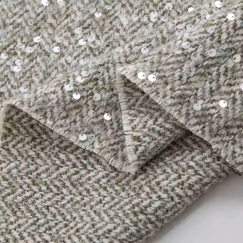 Sewing Tweed - ผ้าทวีดขนสัตว์ถักลายเส้นด้ายสีเทาอ่อนประดับเลื่อม สำหรับเสื้อแจ็คเก็ต ชุดเดรส เสื้อโค้ท ฤดูใบไม้ร่วง วัสดุเย็บผ้า