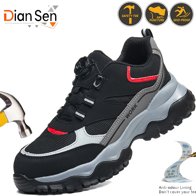 Sewing Nylon - รองเท้าที่ไม่สามารถทำลายได้รองเท้านิรภัยแบบปุ่มหมุนของผู้ชายรองเท้าทำงานป้องกันการกระแทกหัวเหล็กน้ำหนักเบารองเท้าผ้าใบลำลองระบายอากาศได้